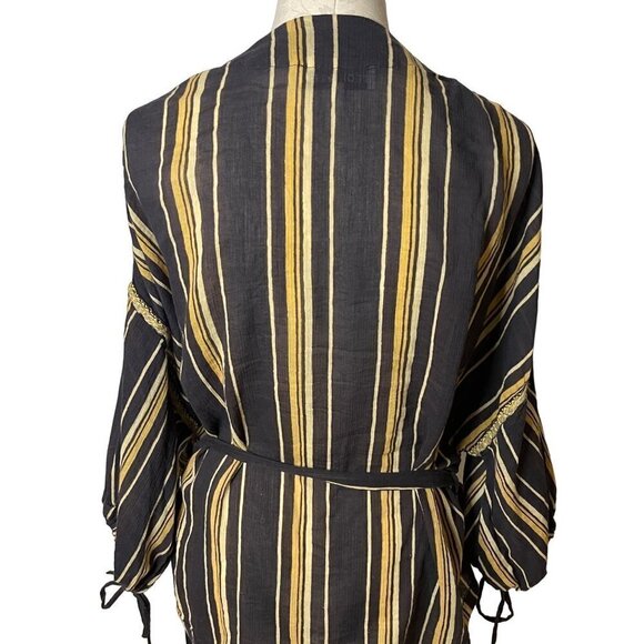 Teoh & Lea Womens Top Size Large Striped Embroidered Belted Gray Yellow Cotton - Picture 14 of 16